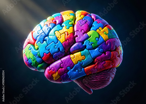 An image of a human brain made up of interconnected puzzle pieces, symbolizing cognitive functions and the complexity of thinking