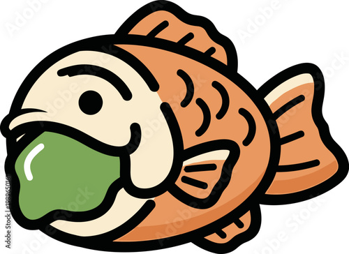 Charming cartoon fish illustration featuring a stylized orange aquatic animal with an open mouth prominently displaying a vibrant green blob, presented as a clean vector graphic design element on a cr