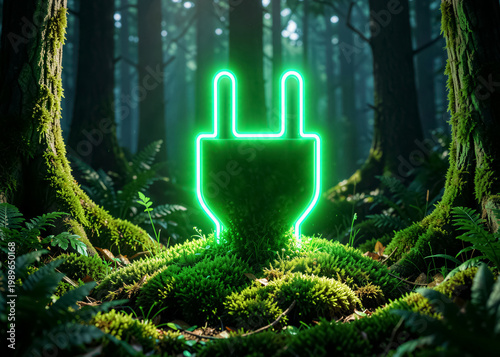 A glowing green neon sign in the shape of a socket plug emerging from the mossy ground in a forest setting