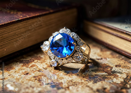 An elegant vintage-style ring with a large blue sapphire and diamond accents, positioned on a textured surface next to books