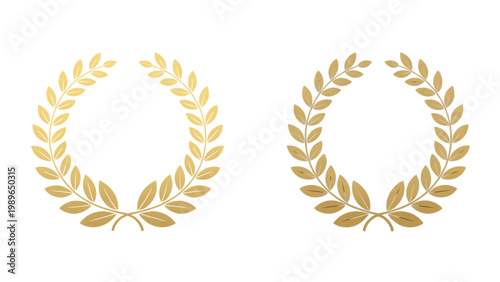 Elegant golden laurel wreath vector set with olive leaves and acorn details in symmetrical circular decorative botanical design