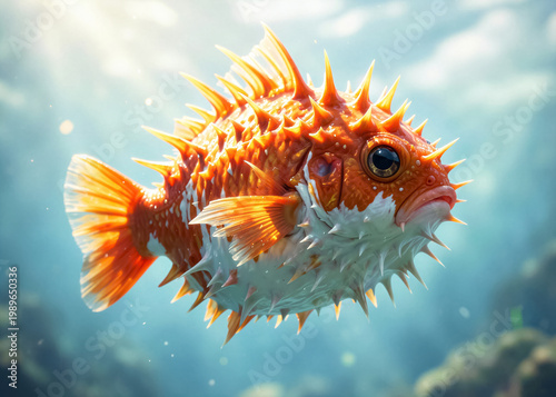 Close-up of an orange and white puffer fish with sharp spines swimming in clear water against a soft light background