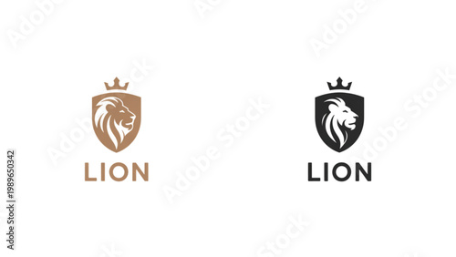 Minimalist lion head logo set with crown symbols and bold typography in warm brown color clean modern branding identity illustration design