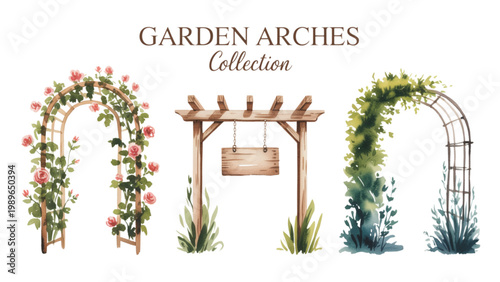 Hand drawn garden arch collection vector set featuring floral trellis pergola swing and climbing ivy decorative line art