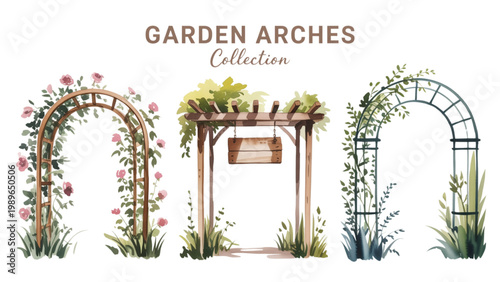 Hand drawn garden arch collection vector set featuring floral trellis pergola swing and climbing ivy decorative line art