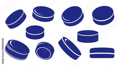 Collection of Blue Hockey Pucks on White Background