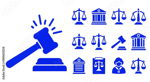 Law and Justice Icons Set Gavel Scales Courtroom Judge Symbol