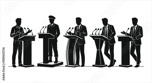Group of politicians speaking at podiums during a debate or conference