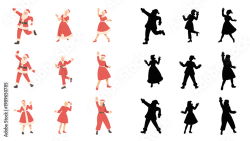 Festive Santa dance pose illustration set featuring holiday characters in dynamic movement with colored and silhouette versions