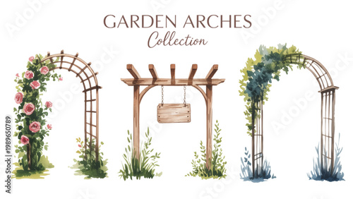 Hand drawn garden arch collection vector set featuring floral trellis pergola swing and climbing ivy decorative line art