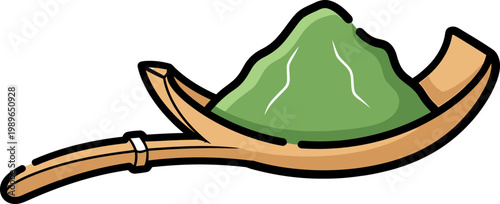 Green matcha powder in a traditional wooden scoop vector graphic illustration design, perfectly suited for healthy natural drink preparation, beverage ingredients, culinary kitchen art, food cooking, 