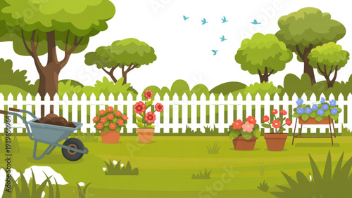 Cartoon garden illustration with white picket fence wheelbarrow soil flower pots colorful blooms and lush green trees in sunny outdoor scene