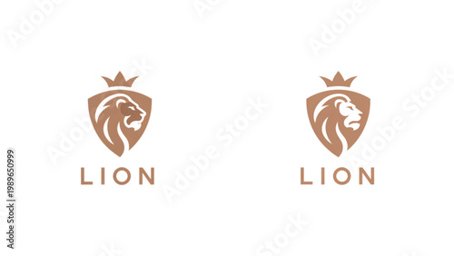 Minimalist lion head logo set with crown symbols and bold typography in warm brown color clean modern branding identity illustration design
