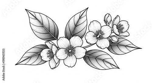 Hand-drawn hibiscus flower with leaves and buds a delicate botanical illustration for natural design elements and summer themes isolated on white