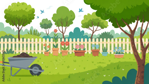 Cartoon garden illustration with white picket fence wheelbarrow soil flower pots colorful blooms and lush green trees in sunny outdoor scene