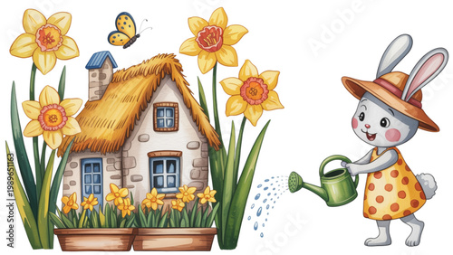 Whimsical watercolor cottage illustration with thatched roof daffodils blooming garden butterfly and cute bunny character watering plants in countryside scene