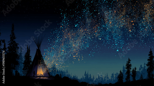 Milky way flowing toward illuminated teepee in poetic night landscape symbolizing Indigenous spirituality, storytelling, and connection to nature and cosmos