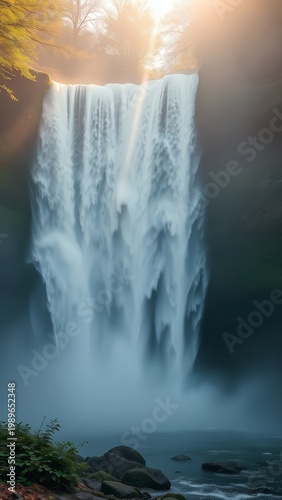 Breathtaking Waterfall Showering Serenity: A Scenic Representation of Nature’s Majesty Amidst Tranquil Forested Landscapes and Streaming Waters with Glorious Sunlit Highlights