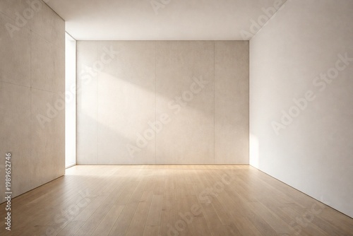 Minimal Concrete Wall Interior with Soft Diagonal Sunlight and Wooden Floor Copy Space