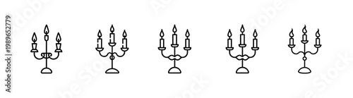 Candelabra line icons set vintage candle holder antique wrought iron stand classic interior decor lamp religious menorah symbol decorative gothic candlestick & more vector illustration.