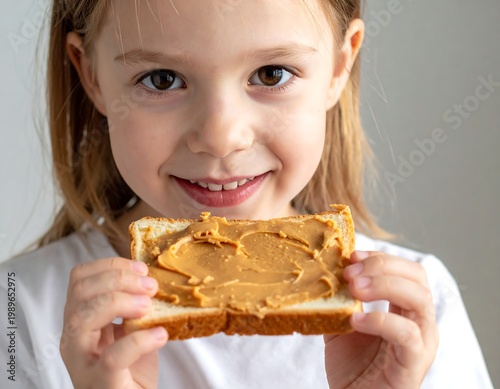A young, smiling child holds a slice of bread covered in a smooth, tan spread, looking directly at the camera