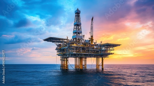 Industrial Oil Rig Platform in the Ocean at Sunset