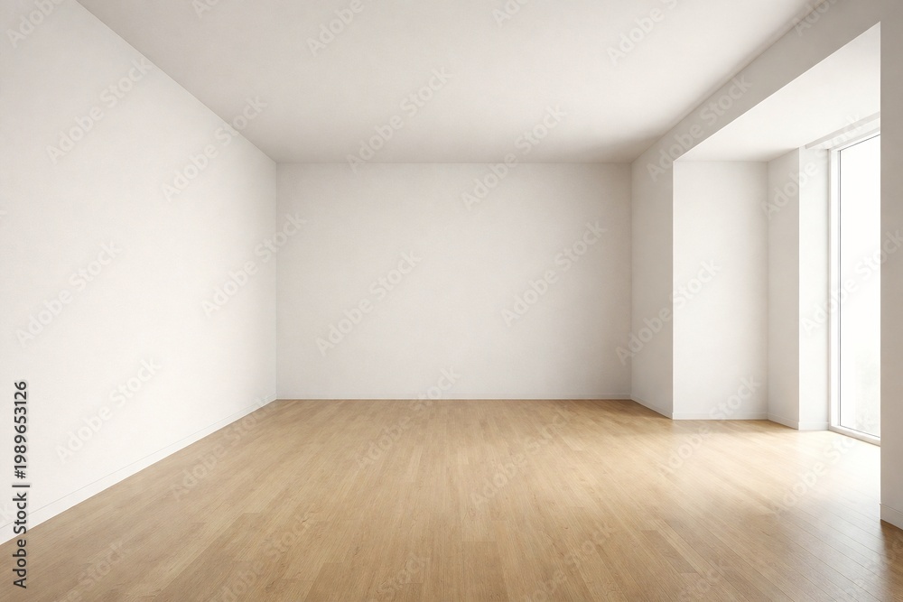 Fototapeta premium Minimal Interior with Floor to Ceiling Window and Wooden Floor Natural Light Copy Space
