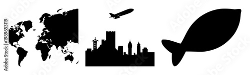 Language translation travel icon set with solid black design on white background featuring translation, travel, language symbols with bold style and graphic elements