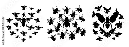 Solid black icon, white background: swarm intelligence bee cluster set with simple line art design featuring line art, illustrations, graphic resources with vector and design elements