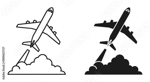 Airplane takeoff silhouette set outline and solid styles, white background
