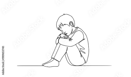 Continuous Line Art Sad Child Illustration for Mental Health Awareness Emotional Wellbeing Concept Vector