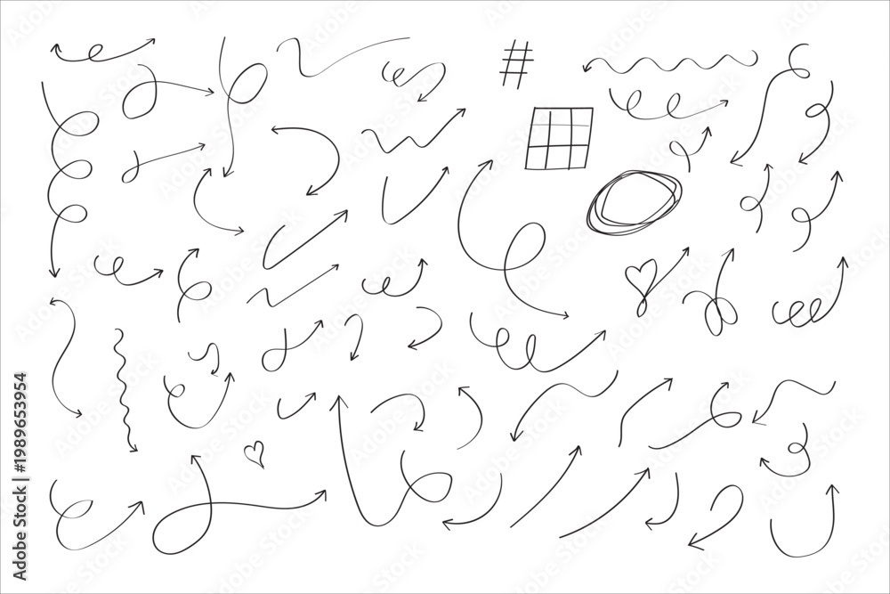 Obraz premium Hand drawn arrows set, sketch direction pointers