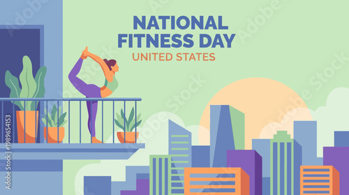 National Fitness Day United States Illustration Woman Yoga on Balcony