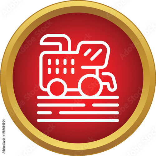 Combine harvester machinery on a red circle, representing modern agriculture and harvesting