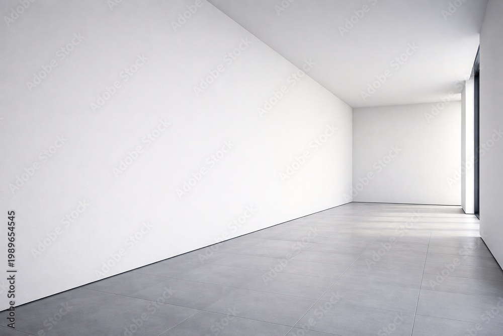 Fototapeta premium Minimal Long Corridor Interior with White Wall and Concrete Floor Perspective Copy Space