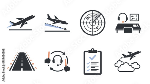 Comprehensive Aviation and Air Traffic Management Icons Collection on Isolated White Background