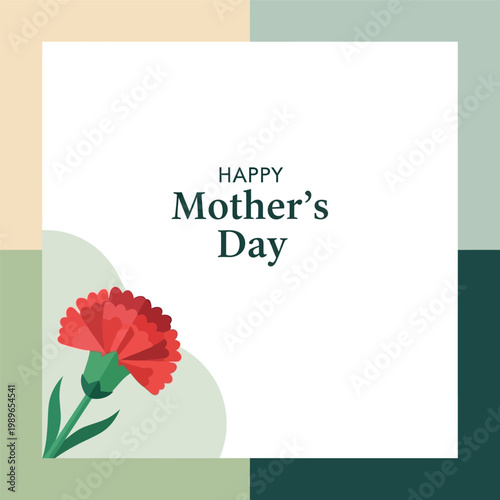 Minimalist Happy Mother's Day Greeting Card - Elegant Red Carnation Flower Illustration with Modern Abstract Geometric Background - Square Floral Vector Template for Social Media and Print