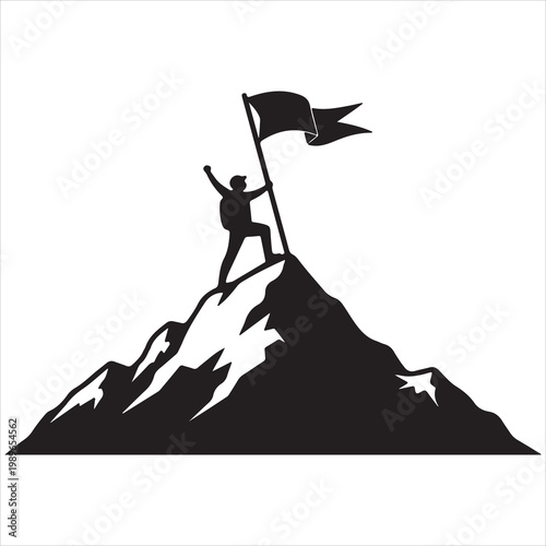 Silhouette of a triumphant explorer planting a flag on a mountain summit, symbolizing achievement and success