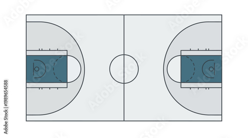 Overhead view of a basketball court with prominent dark shaded areas highlighting the three-point line and key, on a light grey background.