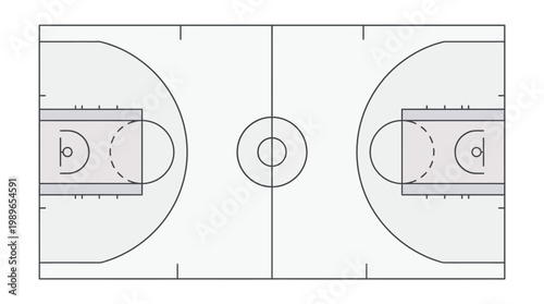 Full basketball court layout seen from a top-down perspective with clear boundary lines, on a light grey background.