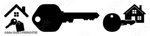 Mortgage key and house icon set with solid black icons on white background featuring financial, home ownership, real estate with mortgage, property
