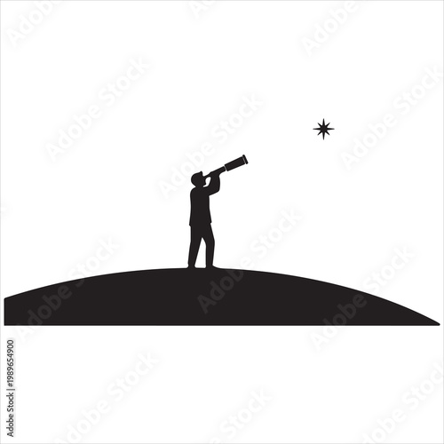 Silhouette of a person looking through a telescope at a star on a hill