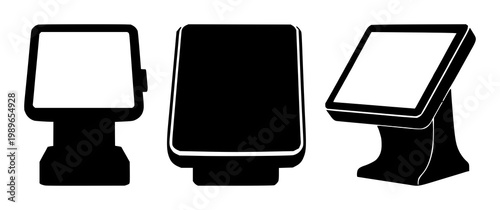 POS terminal icon set with solid black graphic on white background featuring point of sale, cash register, payment system with minimalism and business