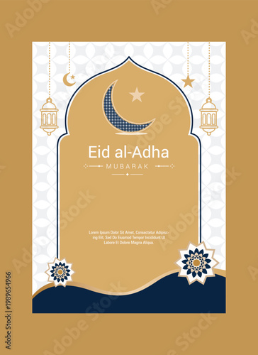 Eid al Adha Mubarak Elegant Greeting Card Template with Islamic Arch Crescent Moon Lantern and Geometric Pattern Design