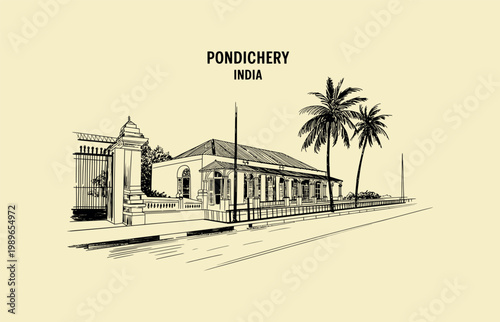 Pondicherry India colonial building sketch with palm trees architecture