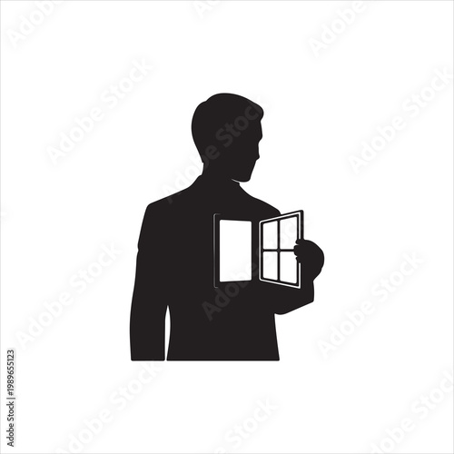 Silhouette of a person holding open a book to reveal its pages, symbolizing knowledge and learning in a clean, graphic style