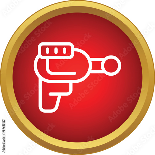 Futuristic weapon blaster icon inside a red circle with gold border