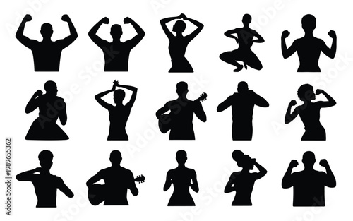 Black silhouettes of muscular individuals flexing biceps posing confidently showcasing strength and fitness in dynamic stances ideal for health and wellness themes