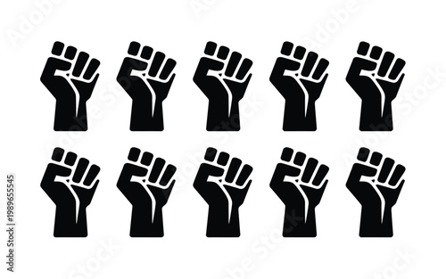 Ten black and white raised fists in solidarity boldly emphasizing unity empowerment and protest against injustice isolated on a clean background symbolizing strength