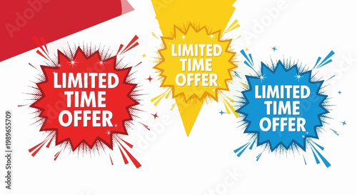 Limited Time Offer Sale Badges - Red, Yellow, Blue Burst Shapes